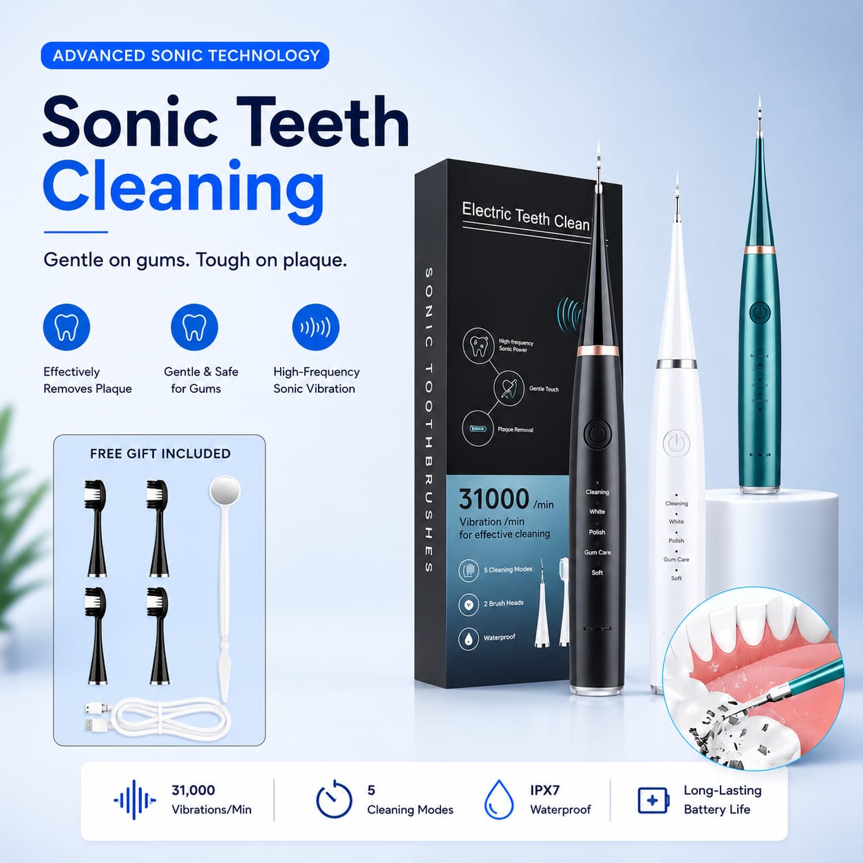 Sonic Electric Teeth Cleaner – Ultrasonic Plaque & Tartar Remover with 31,000 VPM | Multi-Mode Dental Scaler | Rechargeable | Replaceable Heads | Professional Oral Care at Home